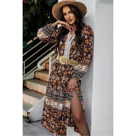 Boho Black Floral Print Lace Midi Dress - Picture 4 of 7